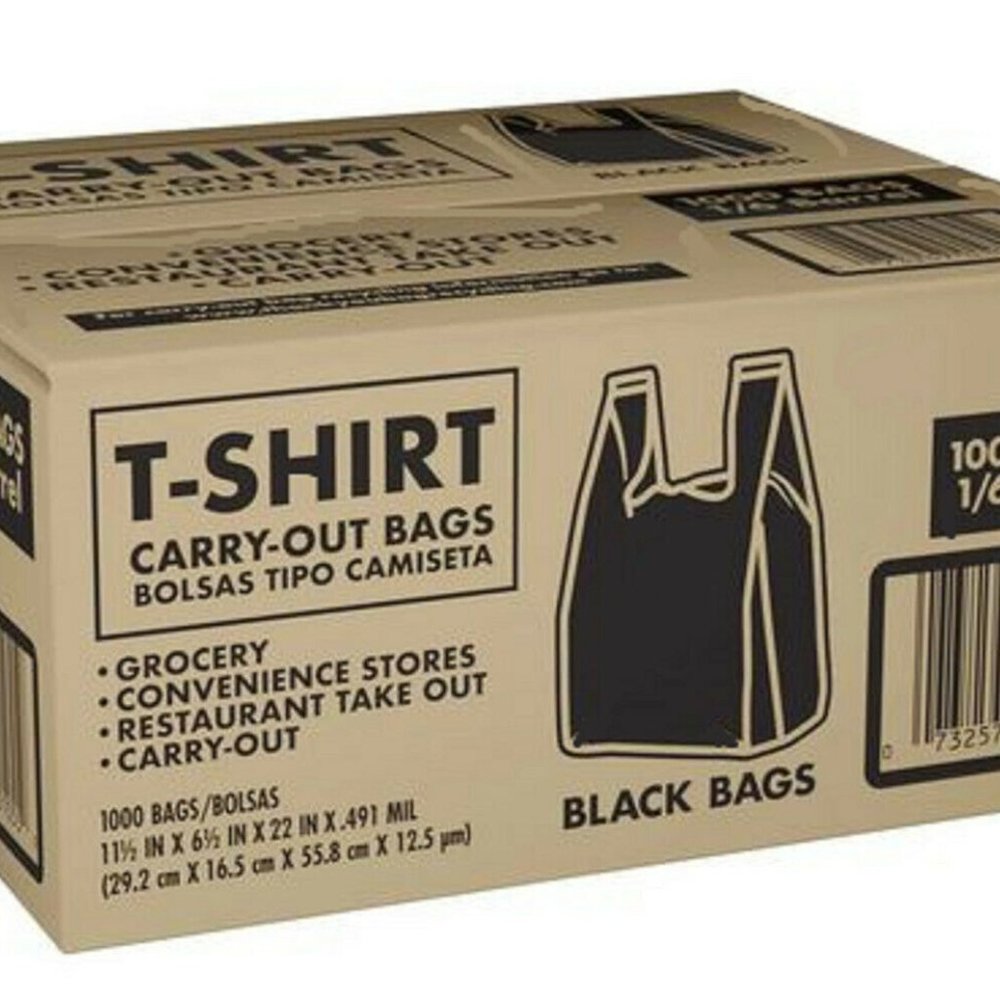 Black T-Shirt Carryout Bags, 11.5" x 6.5" x 22" (1,000 ct.)